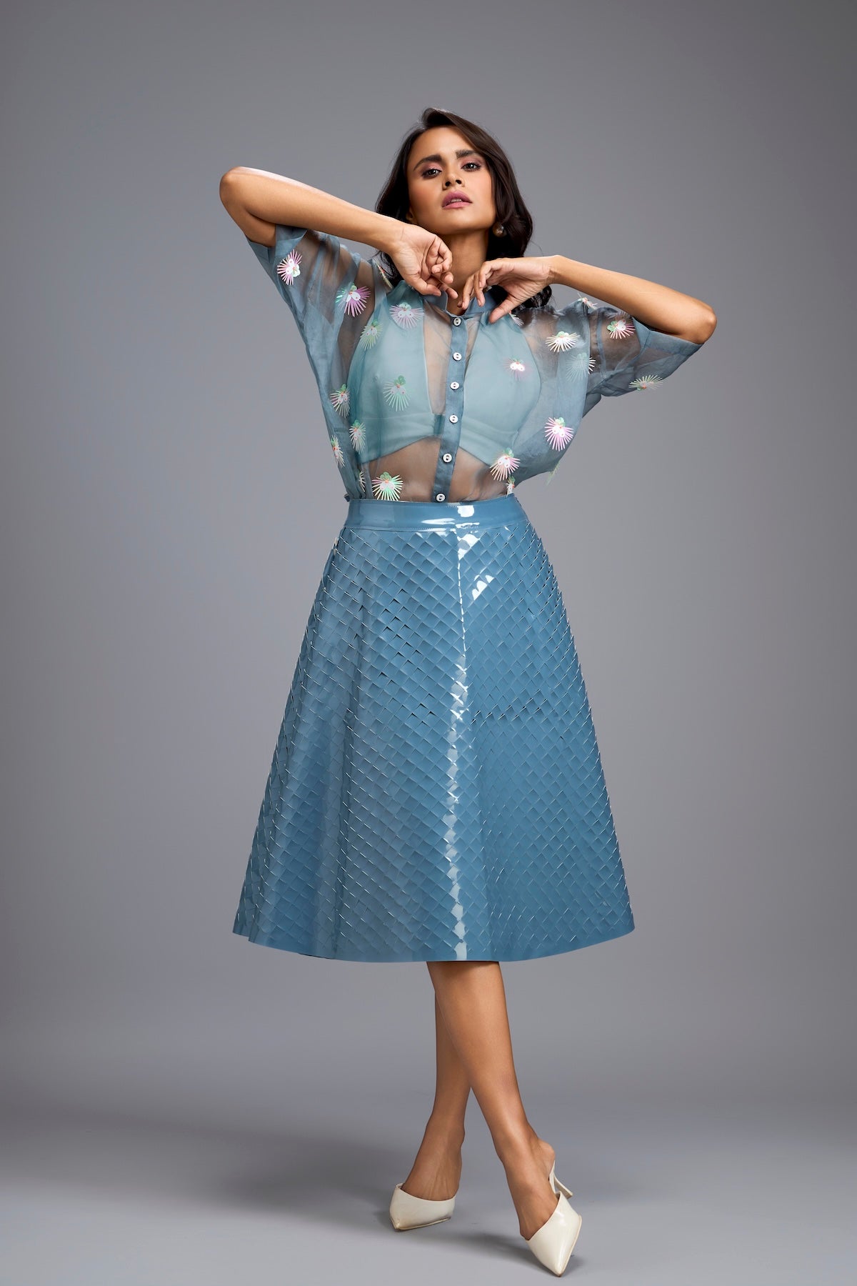 Blue Sheer Embroidered Organza Top With 3D Skirt
