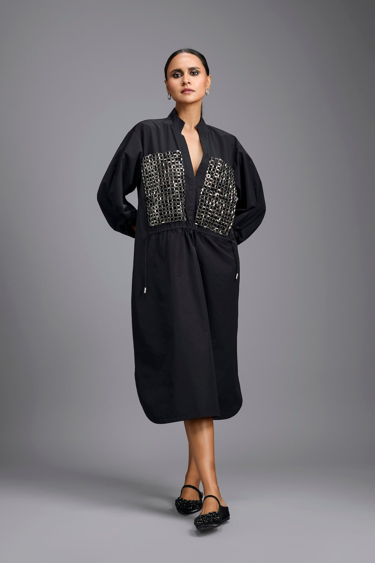 Black Metallic Panel Midi Dress