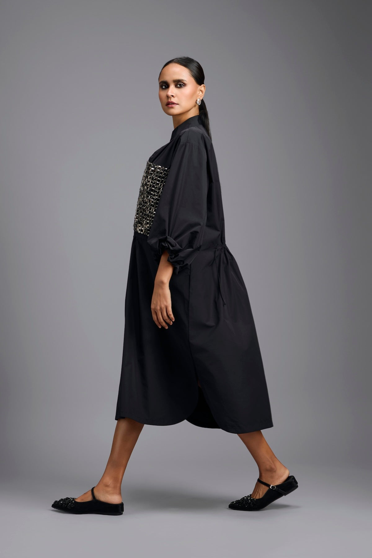 Black Metallic Panel Midi Dress