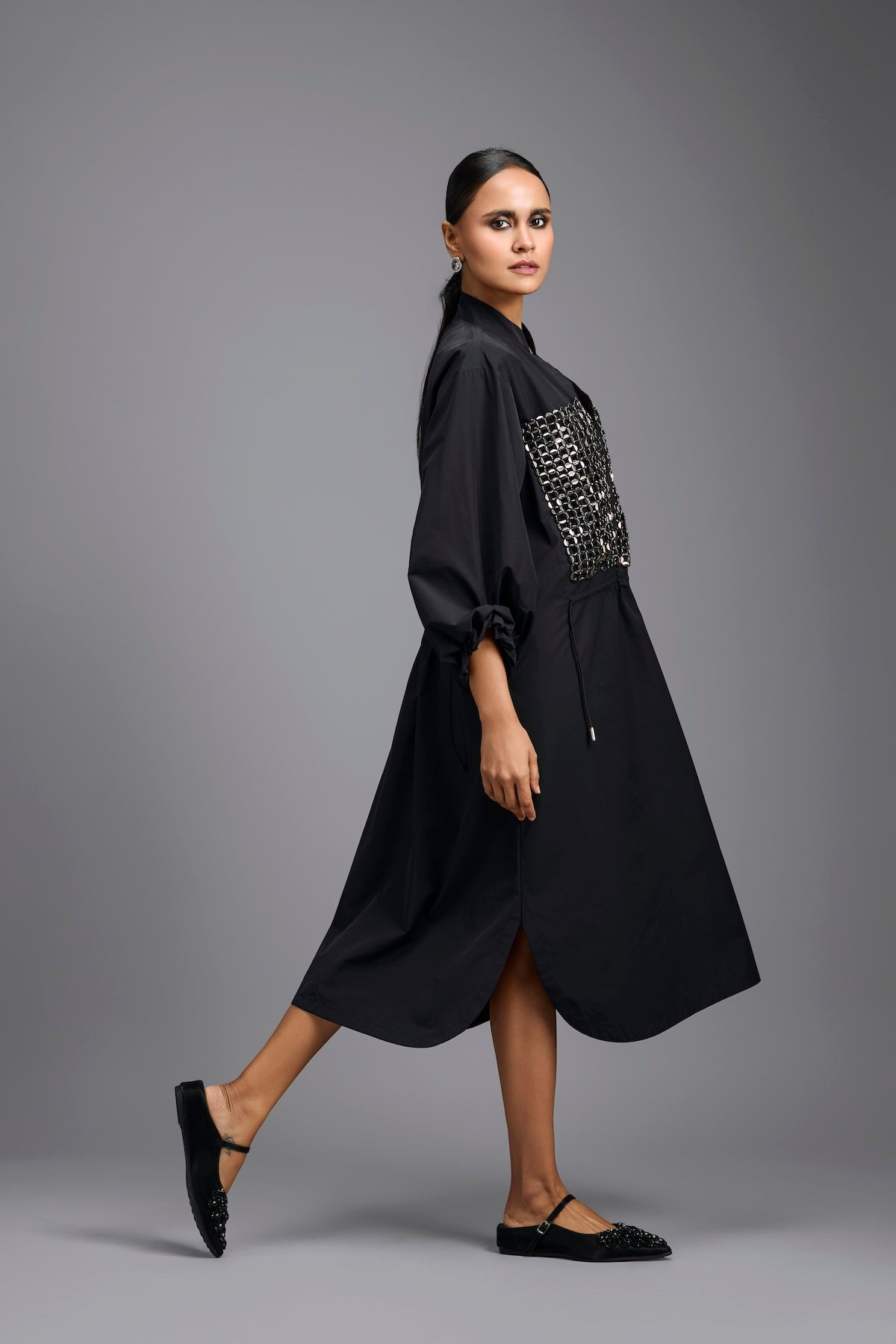 Black Metallic Panel Midi Dress