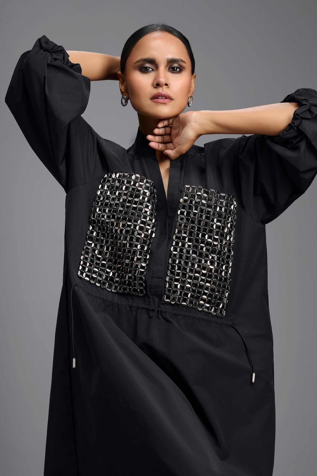 Black Metallic Panel Midi Dress