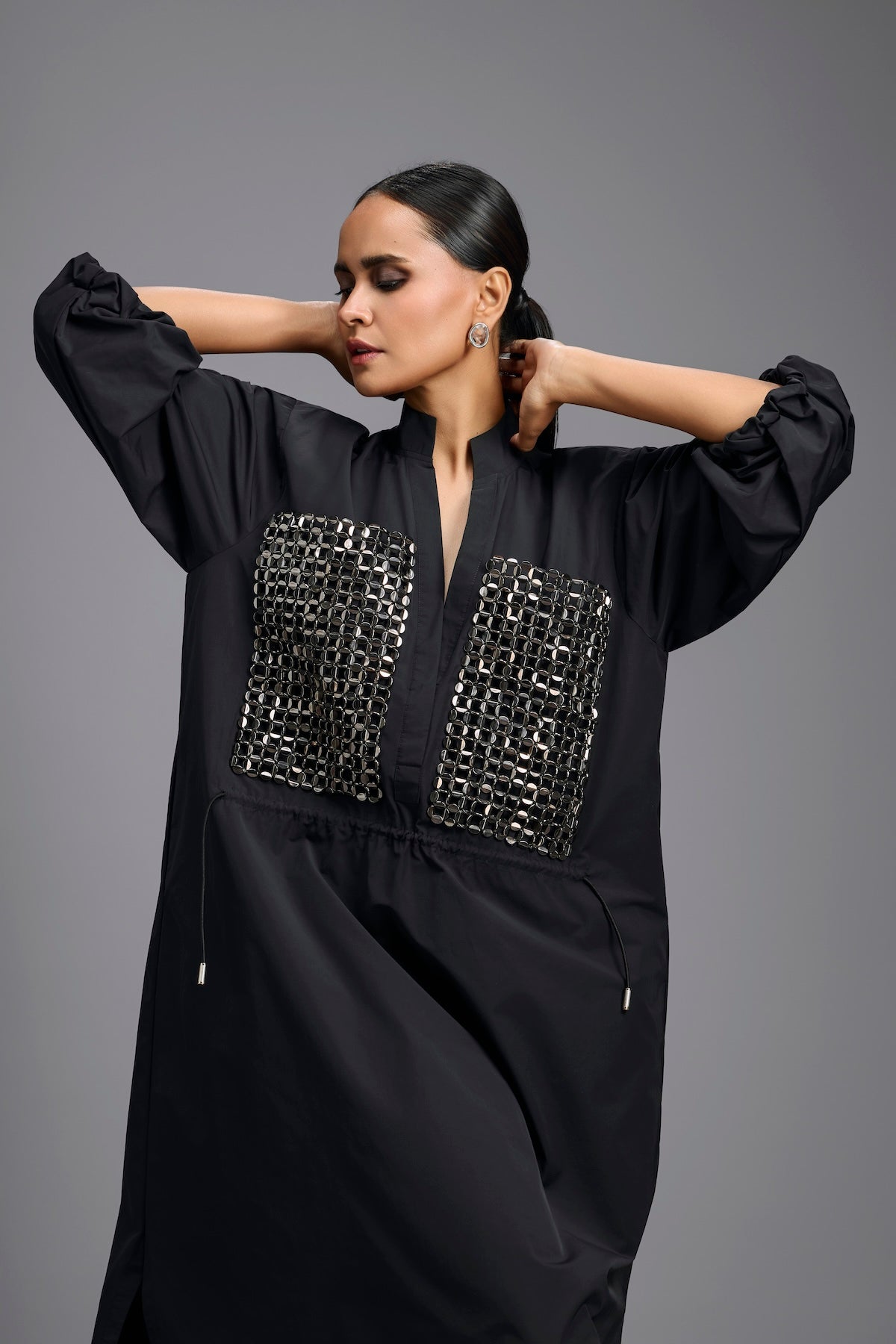 Black Metallic Panel Midi Dress