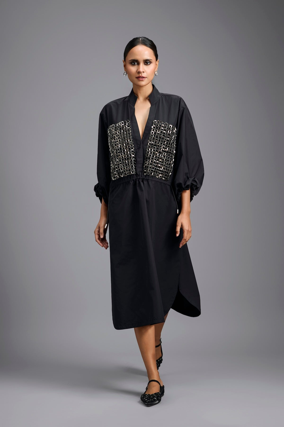 Black Metallic Panel Midi Dress