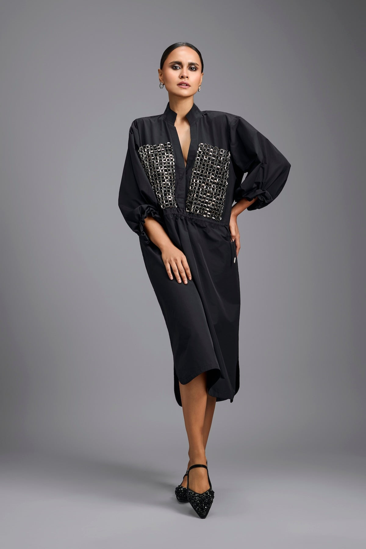 Black Metallic Panel Midi Dress