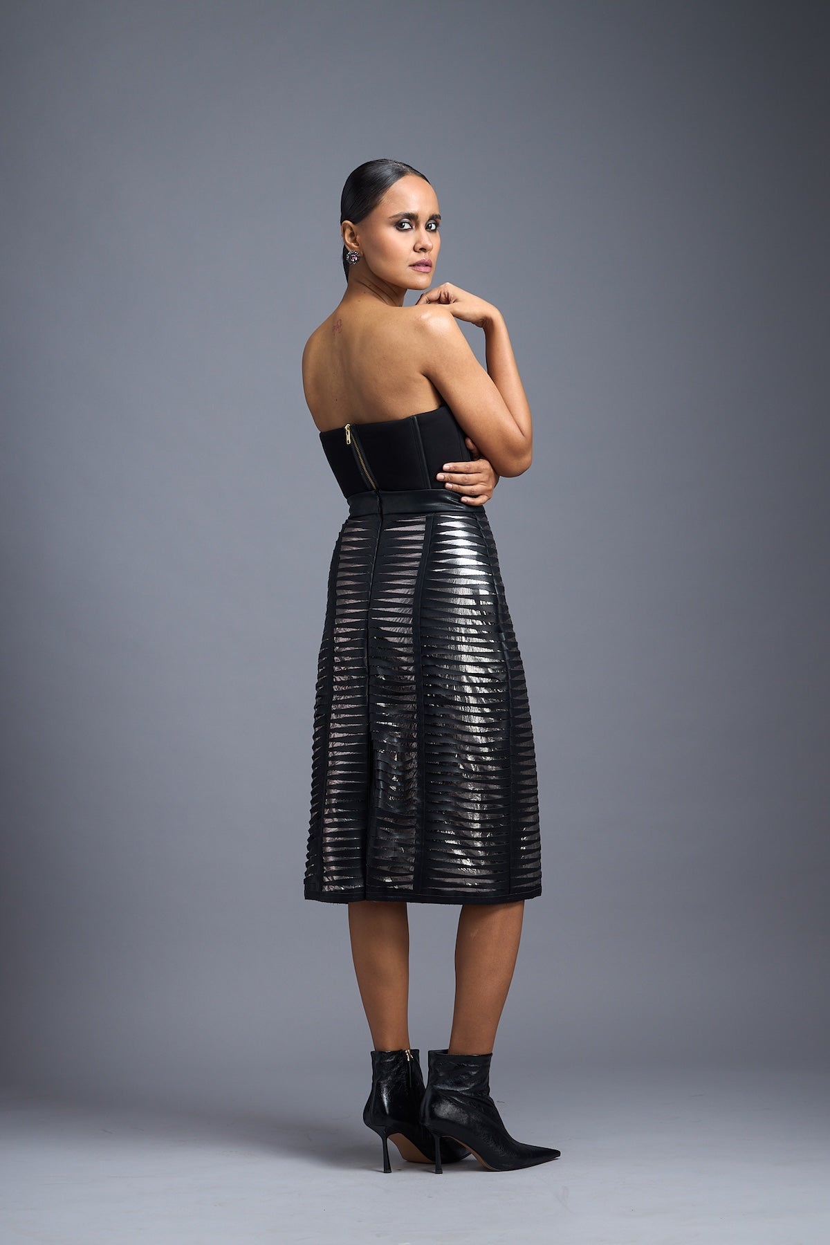Black Sheer Leather-Strip Pencil Skirt
