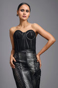 Load image into Gallery viewer, Black Sheer Leather-Strip Pencil Skirt
