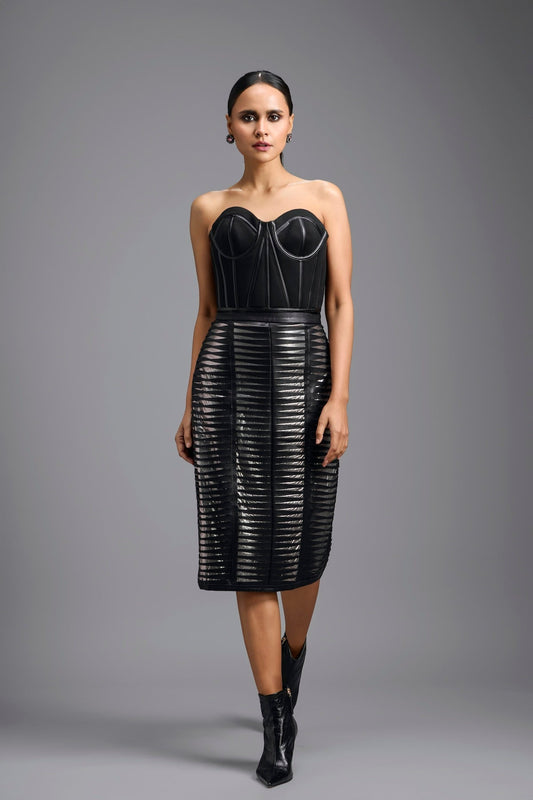 Black Strapless Corset Top with Sheer Leather Pencil Skirt