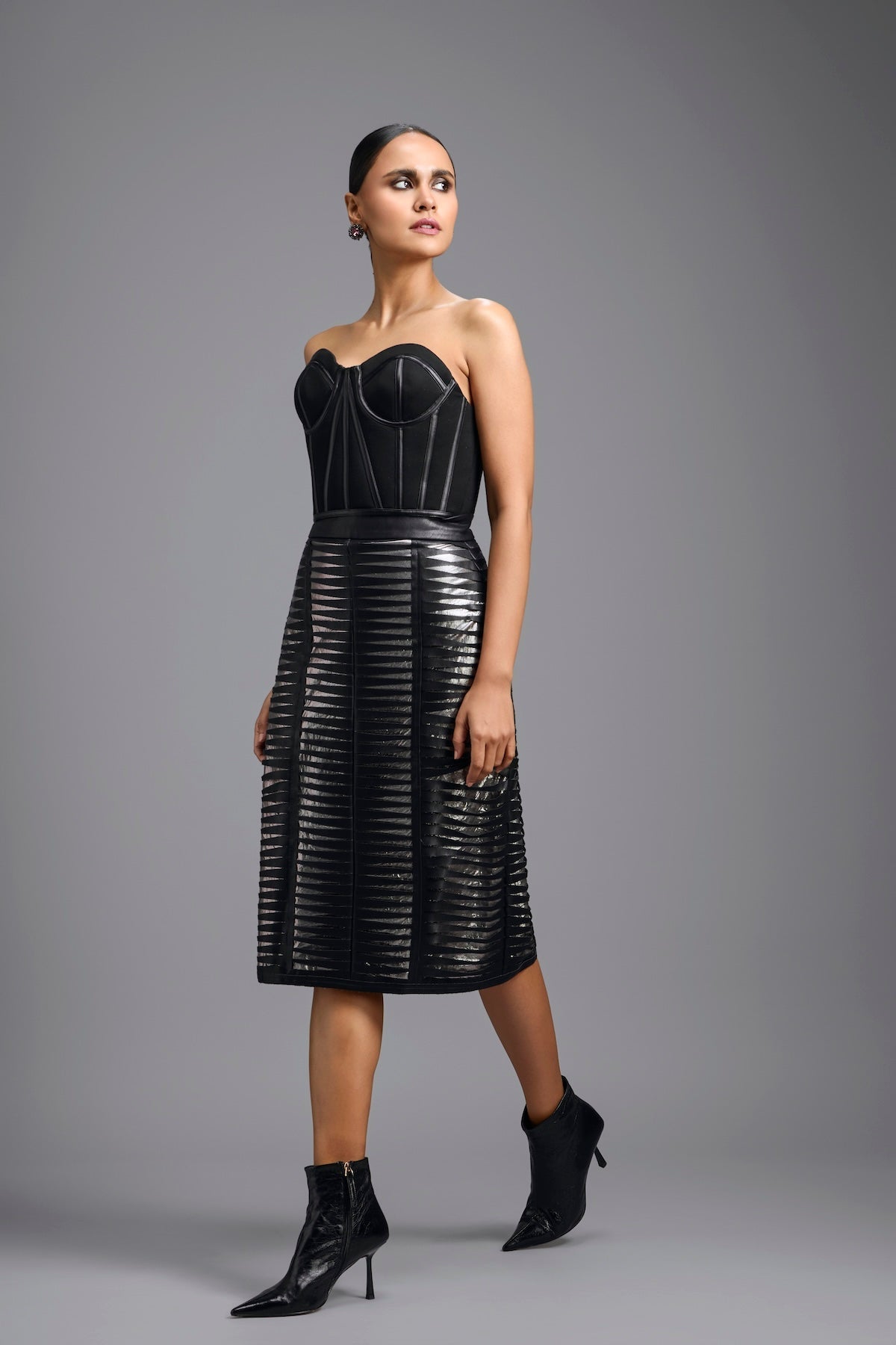 Black Strapless Corset Top with Sheer Leather Pencil Skirt