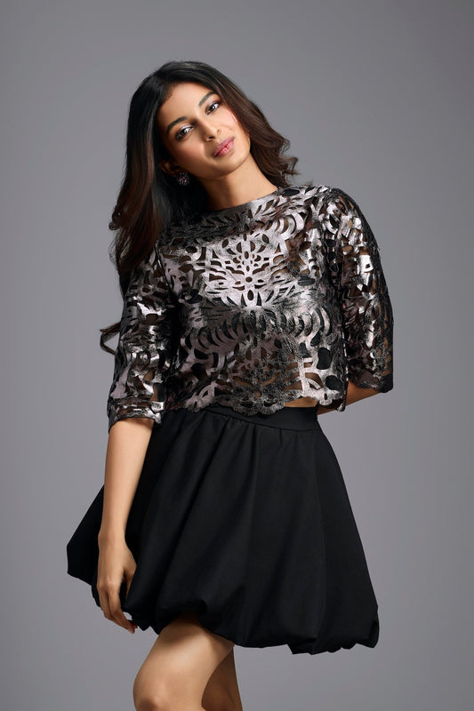 Black Metallic Laser-Cut Crop Top
