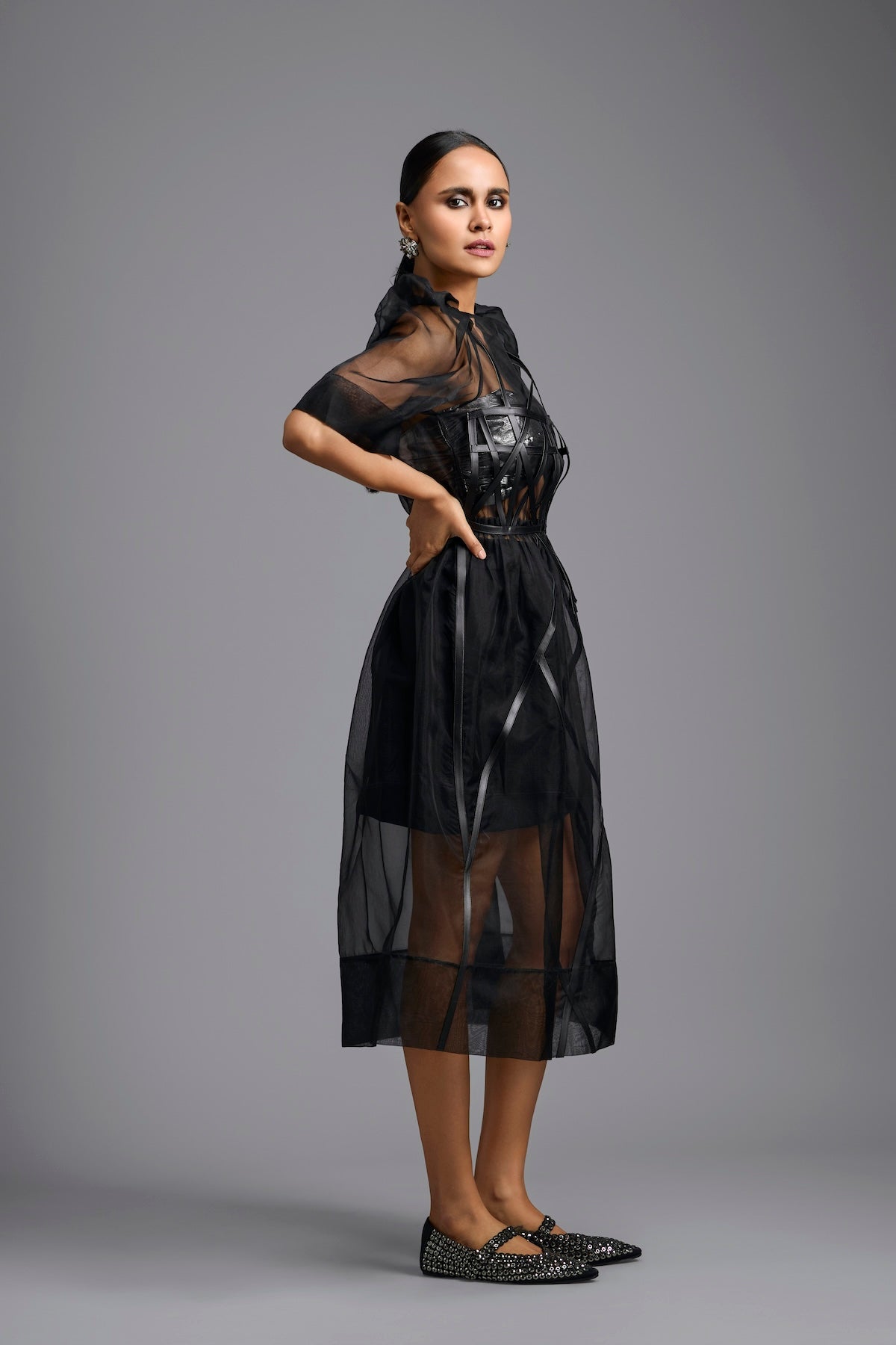 Sheer Black Sculpted Midi Dress