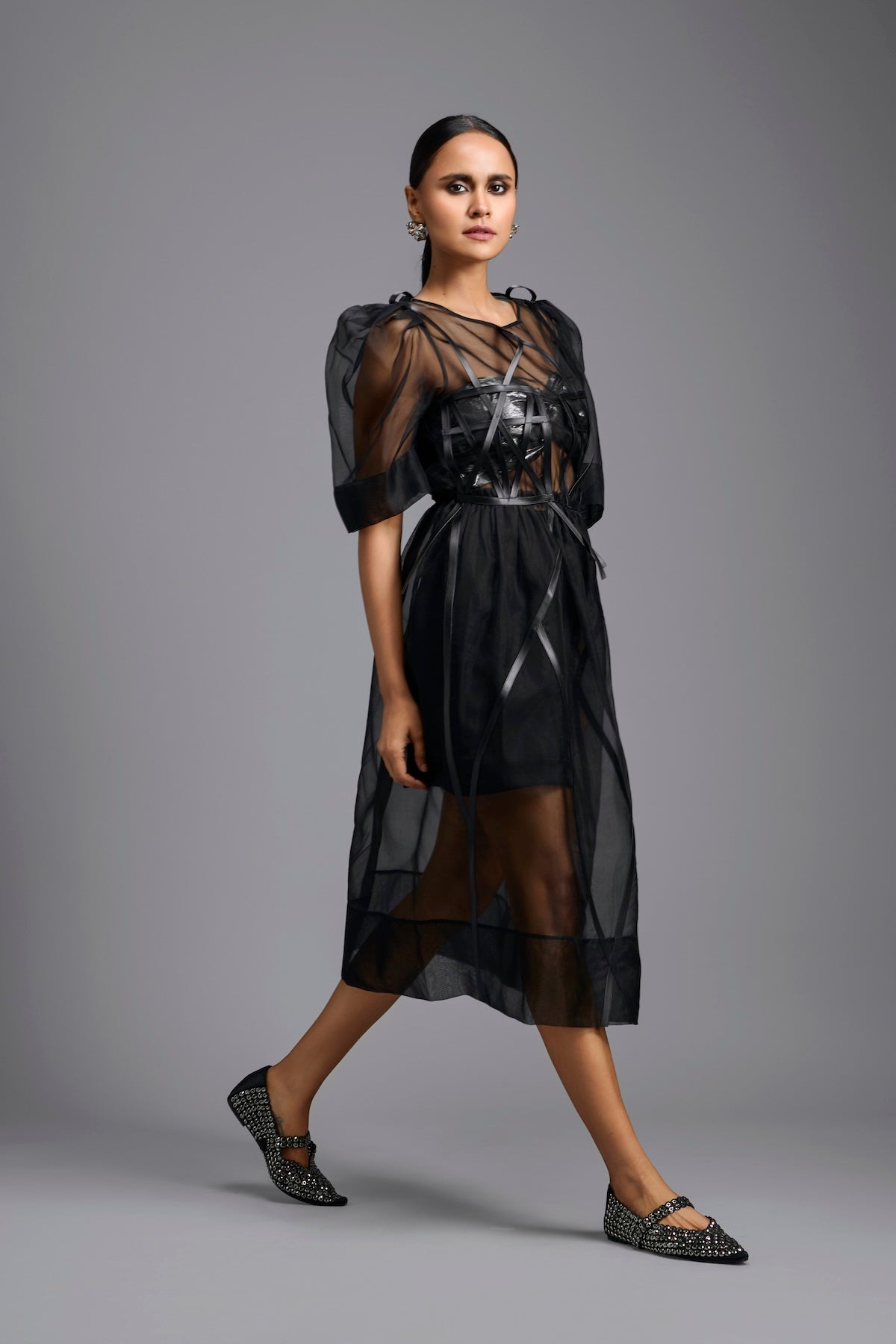 Sheer Black Sculpted Midi Dress