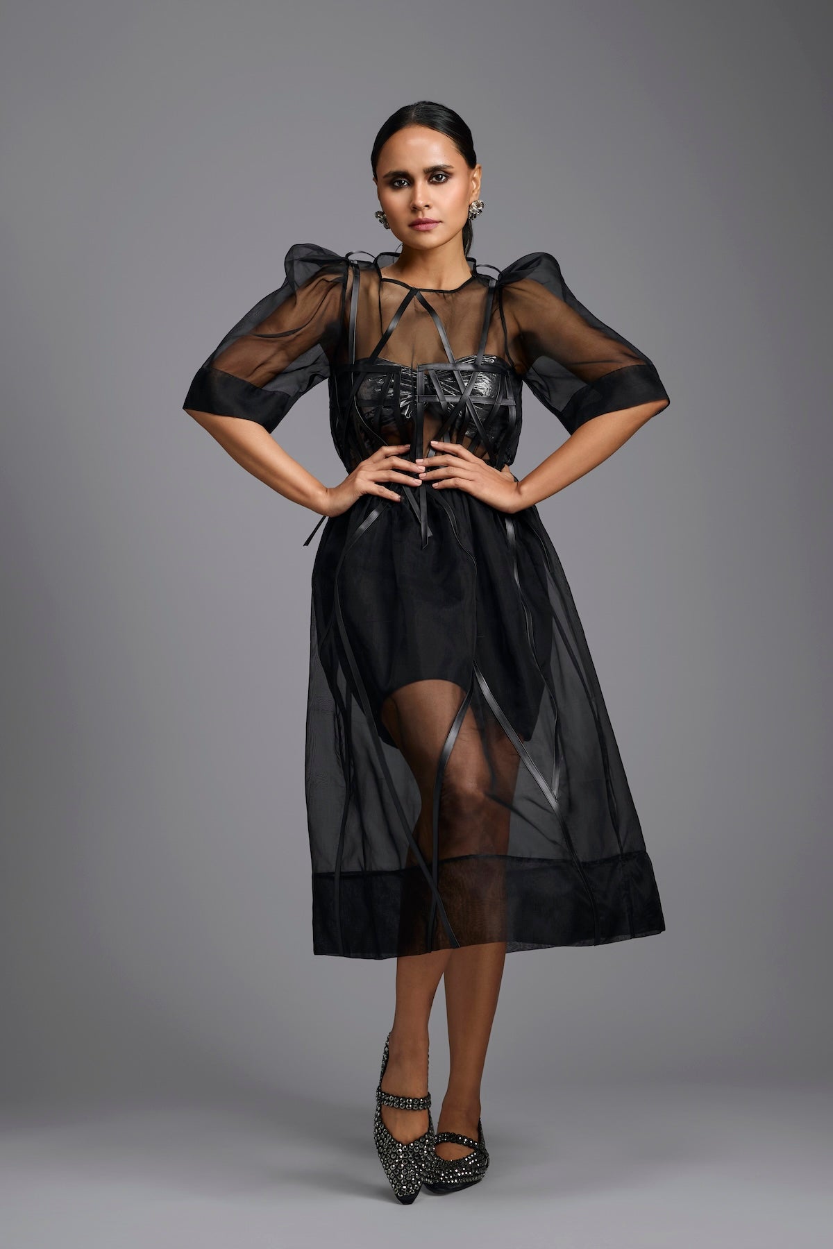 Sheer Black Sculpted Midi Dress