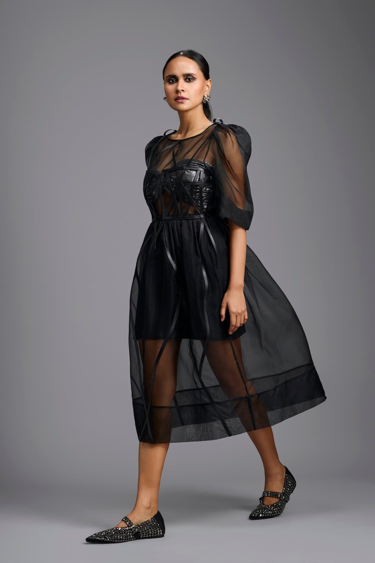 Sheer Black Sculpted Midi Dress
