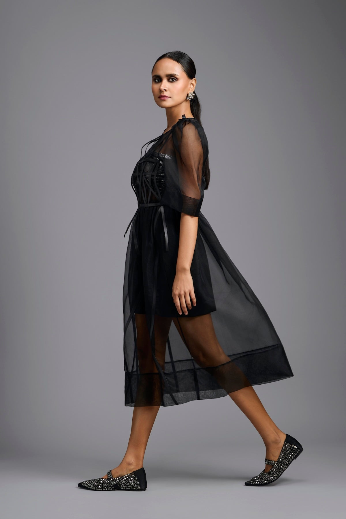 Sheer Black Sculpted Midi Dress
