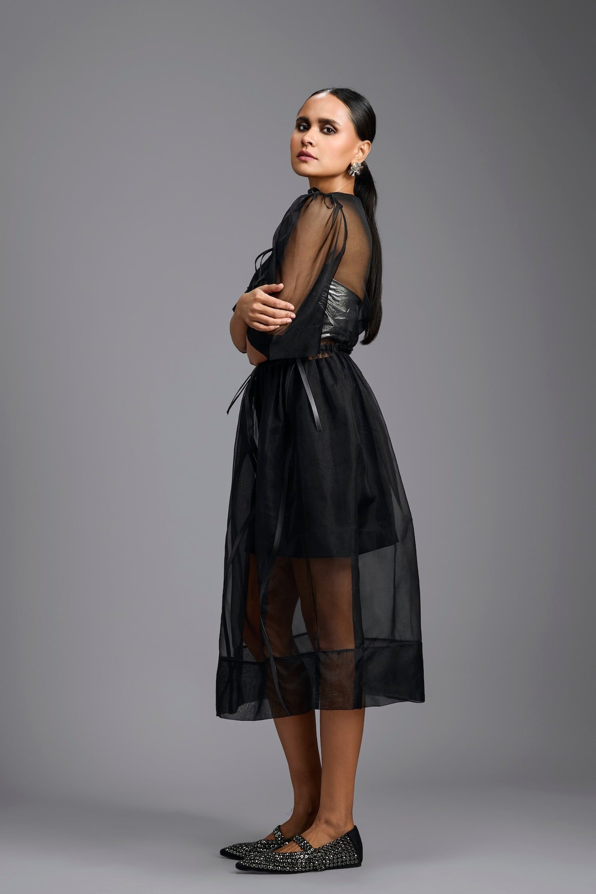 Sheer Black Sculpted Midi Dress
