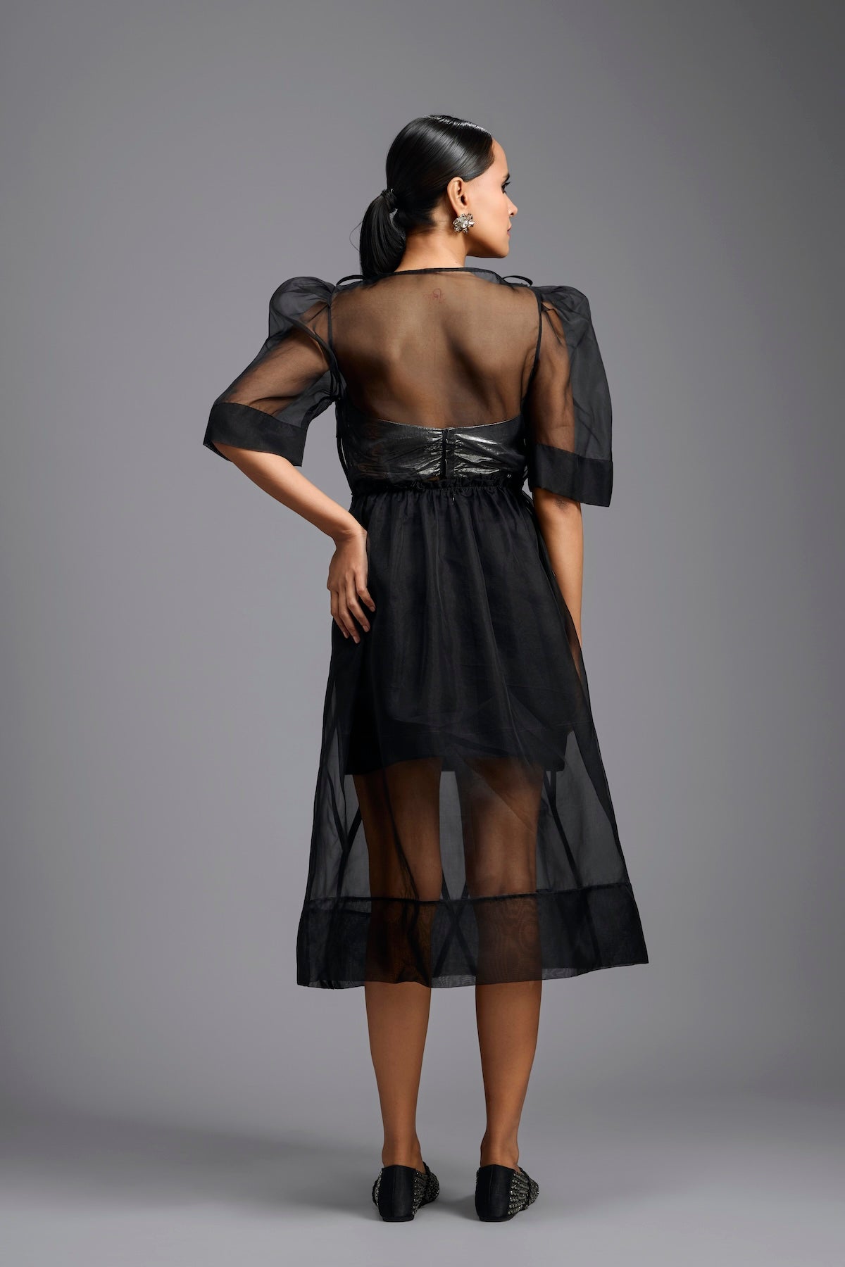 Sheer Black Sculpted Midi Dress
