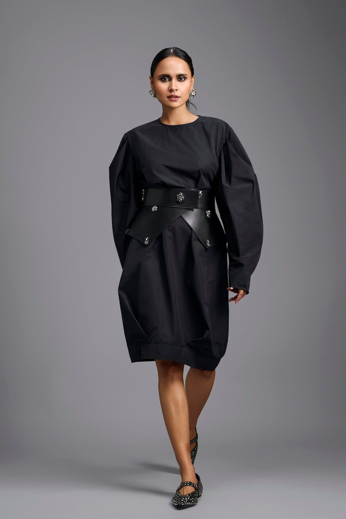 Sculptural Black Belted Dress