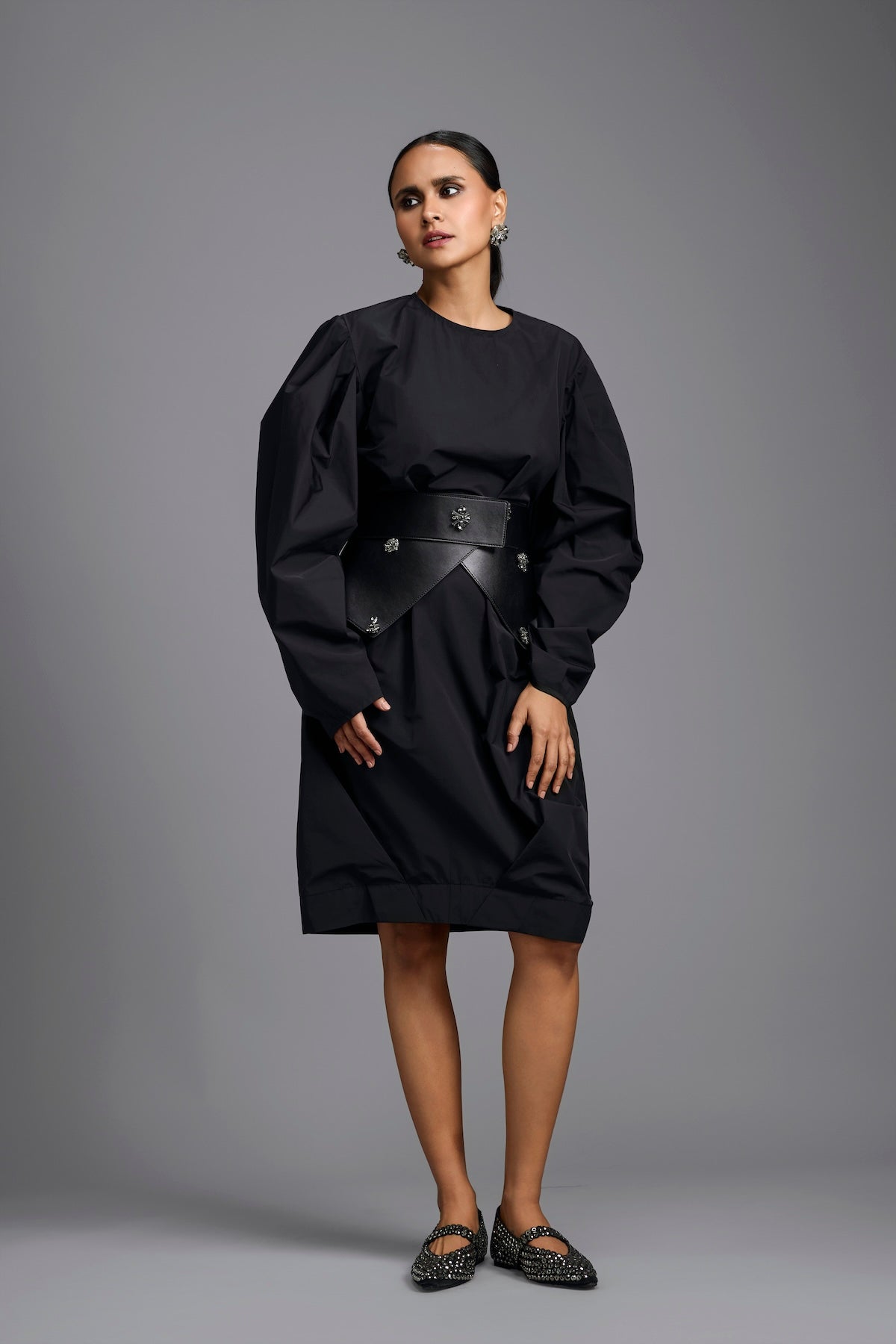 Sculptural Black Belted Dress