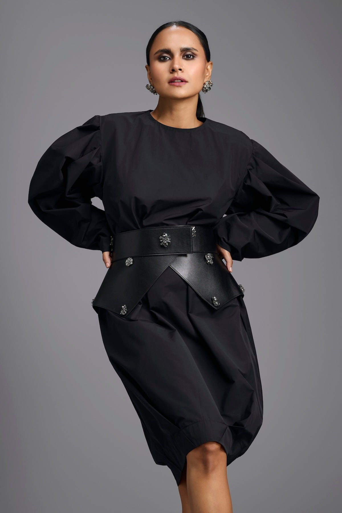 Sculptural Black Belted Dress