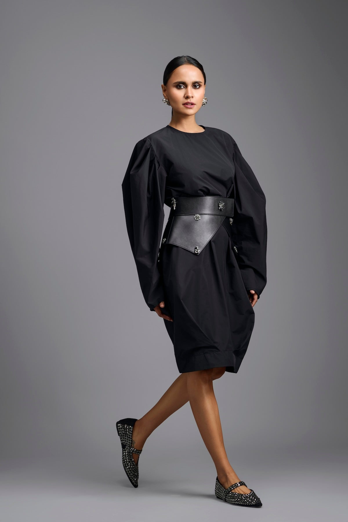 Sculptural Black Belted Dress