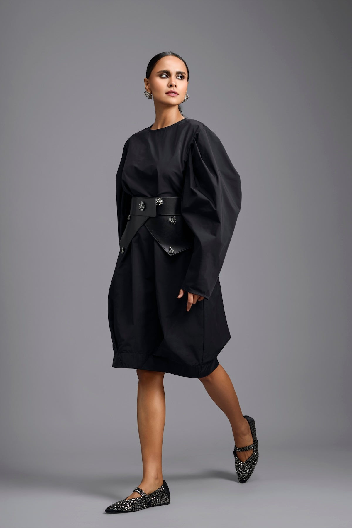 Sculptural Black Belted Dress