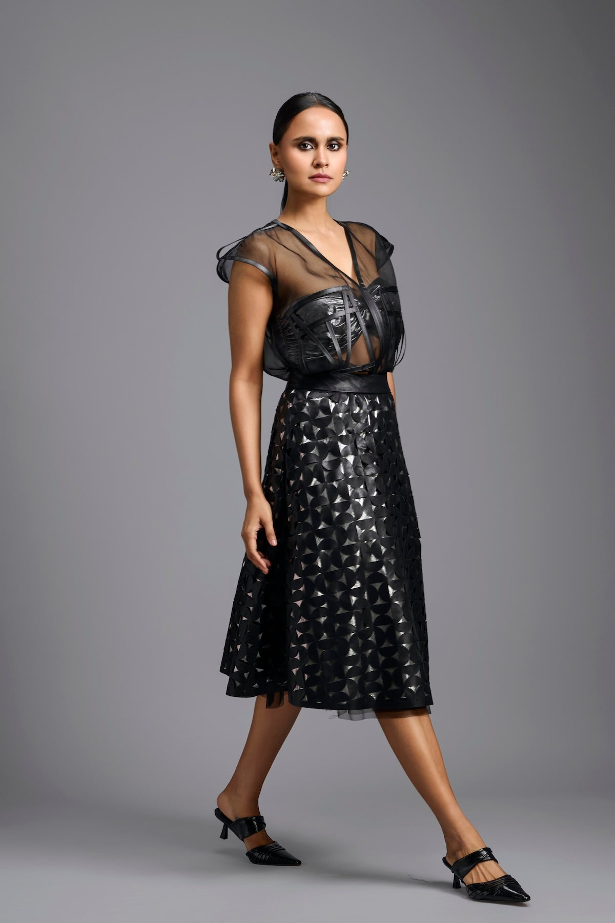 Black Geometric Cutwork Midi Skirt