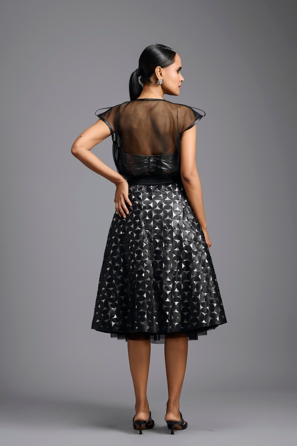 Black Geometric Cutwork Midi Skirt