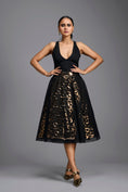 Load image into Gallery viewer, Black & Gold Metallic Sculpted Cutwork Midi Skirt with Bodysuit
