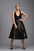 Load image into Gallery viewer, Black & Gold Metallic Sculpted Cutwork Midi Skirt with Bodysuit
