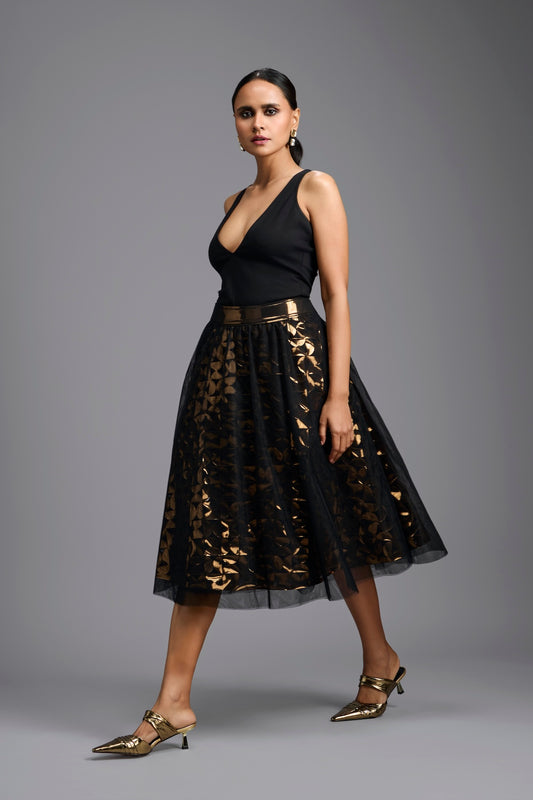 Black & Gold Metallic Cutwork Skirt