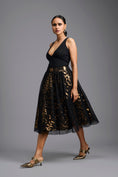 Load image into Gallery viewer, Black & Gold Metallic Sculpted Cutwork Midi Skirt with Bodysuit
