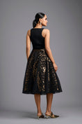 Load image into Gallery viewer, Black & Gold Metallic Sculpted Cutwork Midi Skirt with Bodysuit
