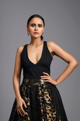 Load image into Gallery viewer, Black & Gold Metallic Sculpted Cutwork Midi Skirt with Bodysuit
