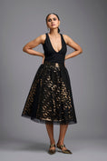 Load image into Gallery viewer, Black & Gold Metallic Sculpted Cutwork Midi Skirt with Bodysuit
