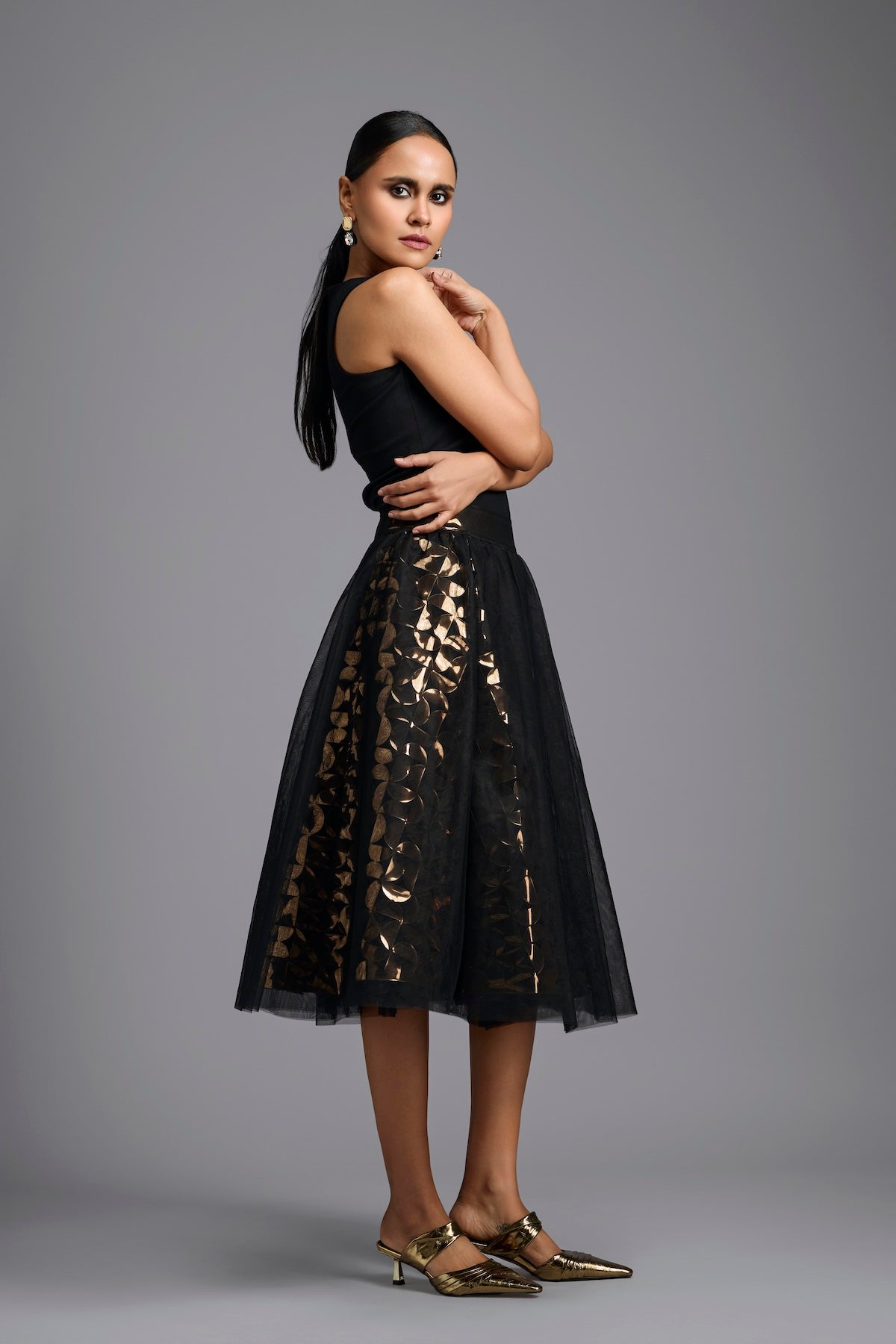 Black & Gold Metallic Sculpted Cutwork Midi Skirt with Bodysuit