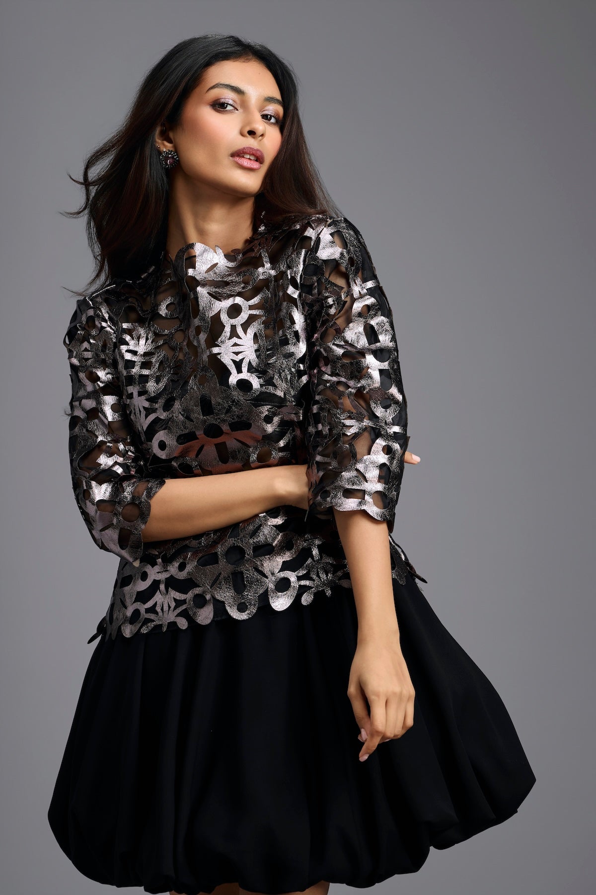 Gunmetal Metallic Laser-Cut Bubble Dress