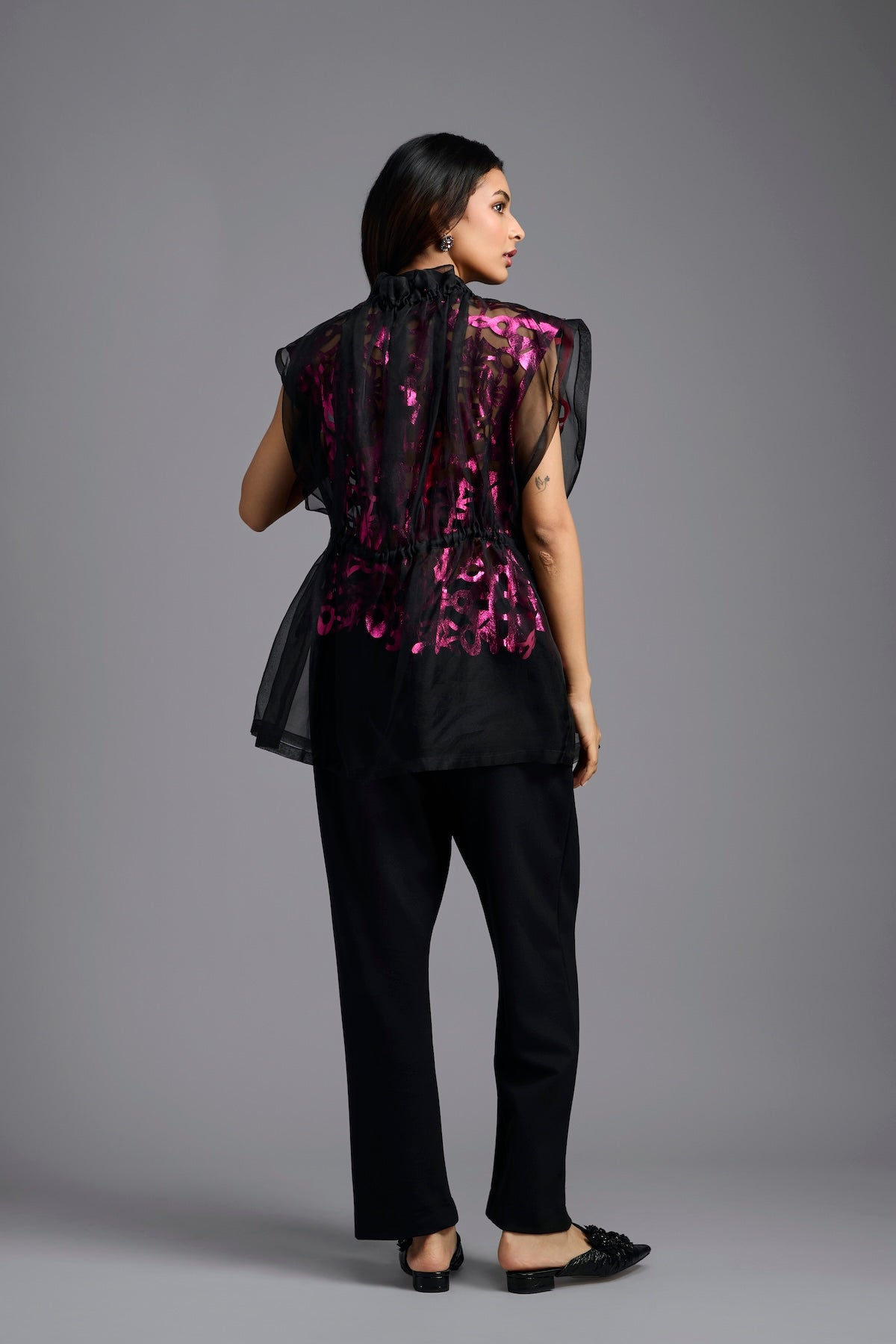 Black Organza Top with Pink Motifs