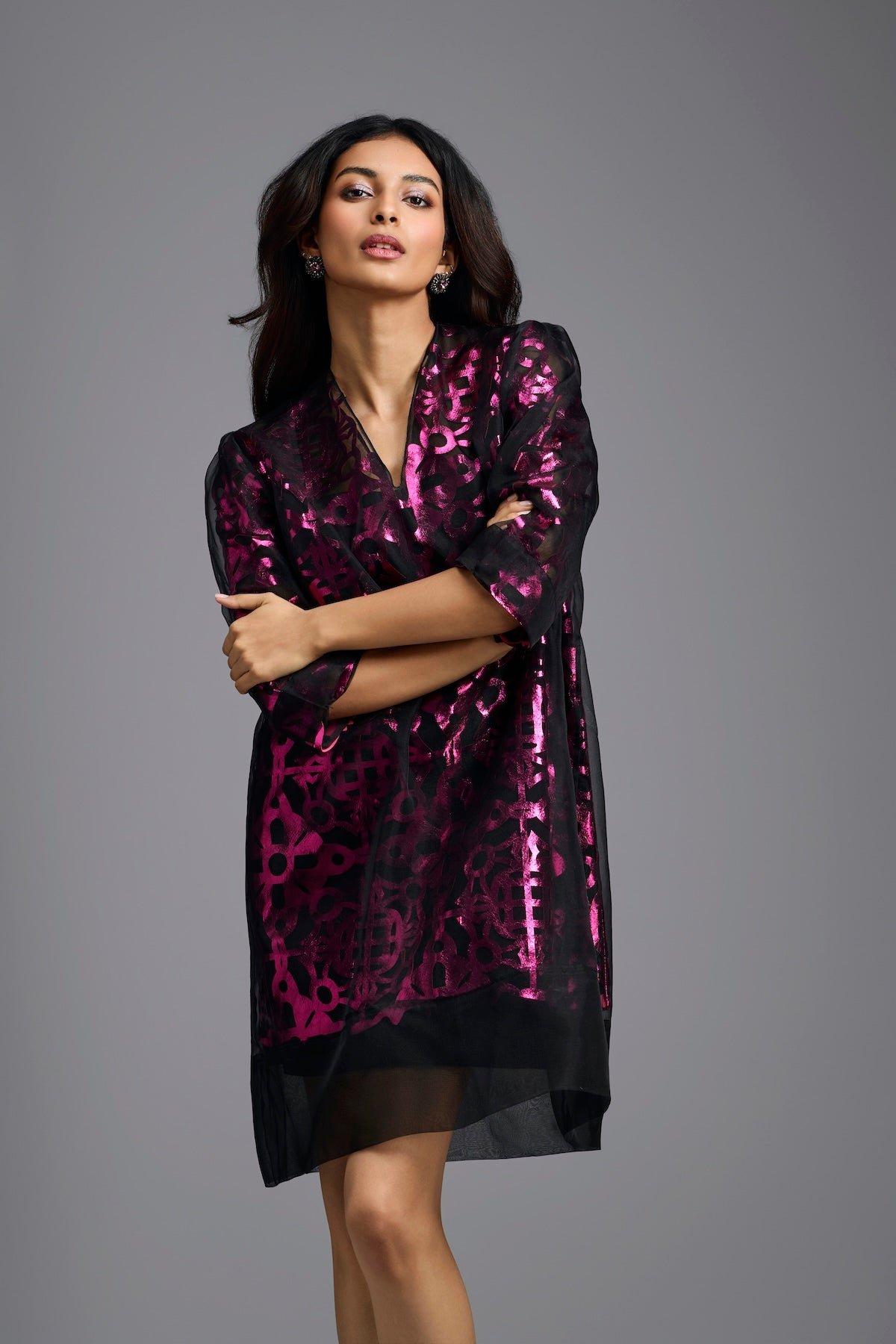 Fuchsia Metallic Sheer-Layered Dress