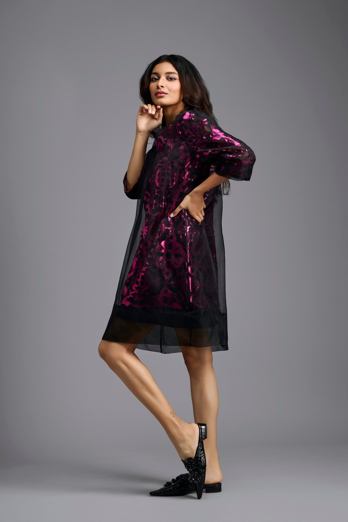 Fuchsia Metallic Sheer-Layered Dress 3XL / PINK / Vegan Leather Fuchsia Metallic Sheer-Layered Dress 3XL / PINK / Vegan Leather