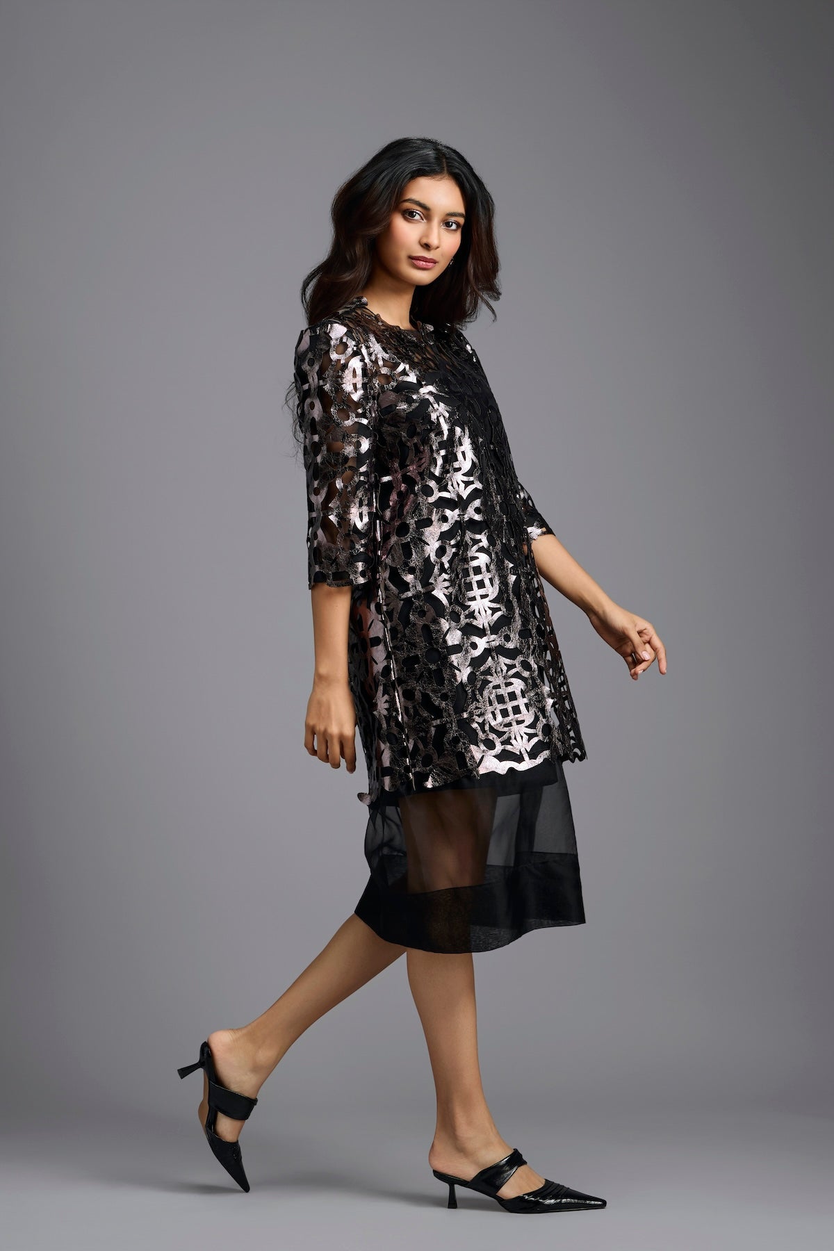 Gunmetal Appliqué Cutwork Dress