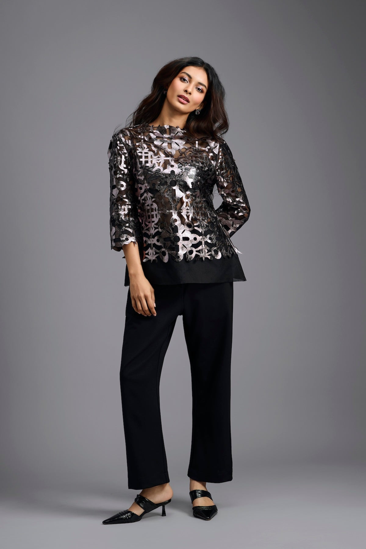 Gunmetal Cutwork Top & Trouser Set