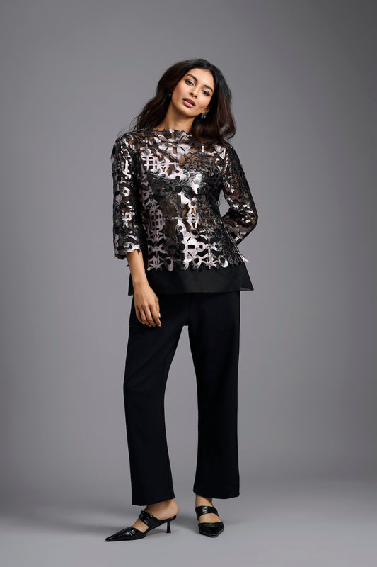 Gunmetal Cutwork Top & Trouser Set