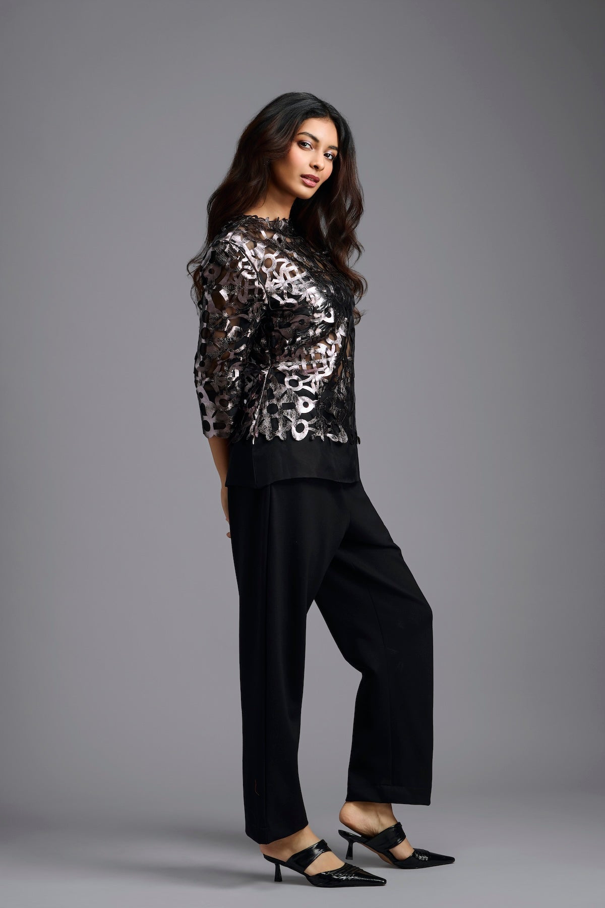 Gunmetal Cutwork Top & Trouser Set