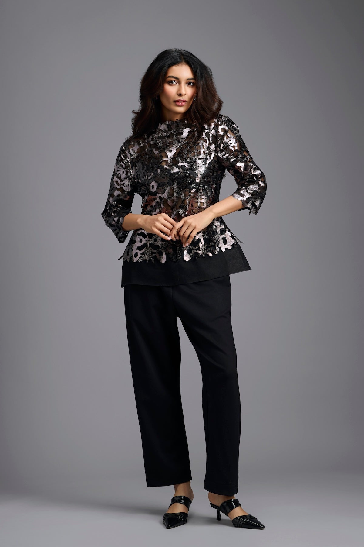Gunmetal Cutwork Top & Trouser Set