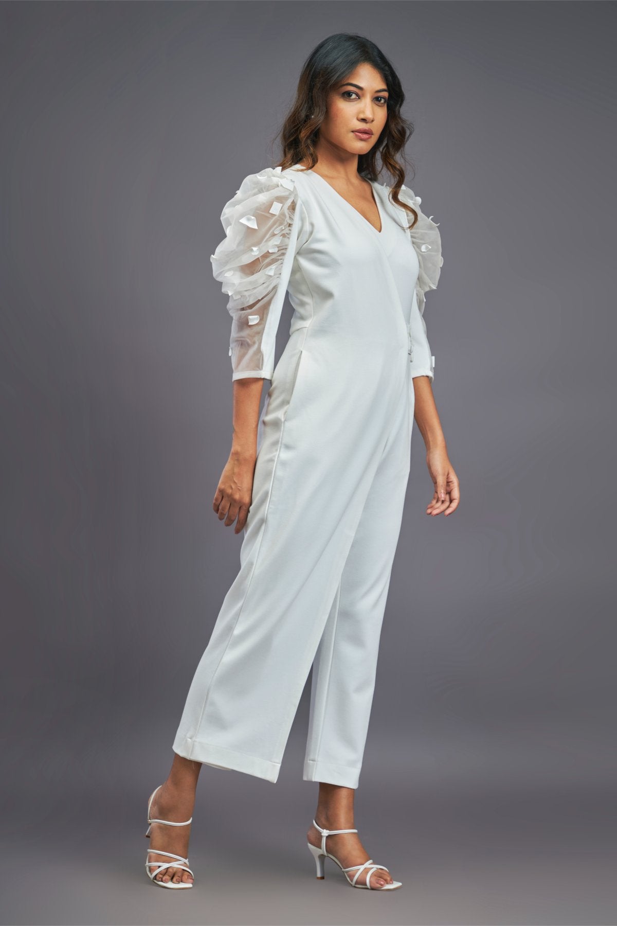 White Overlap Jumpsuit With Attached Belt