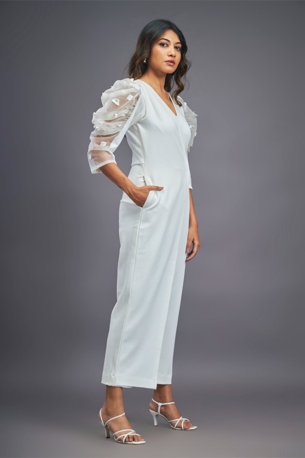 White Overlap Jumpsuit With Attached Belt