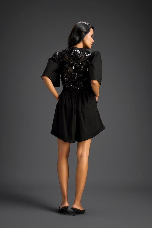 Black 3D Floral Embellished Playsuit