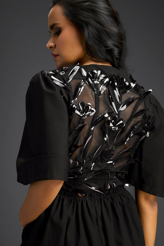 Black 3D Floral Embellished Playsuit