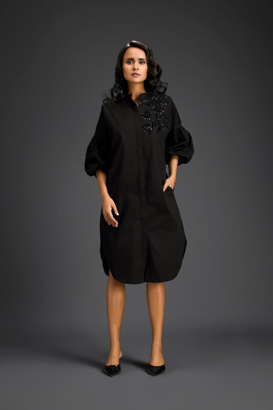 Black Puffed Sleeve Shirt Dress with Sheer Back