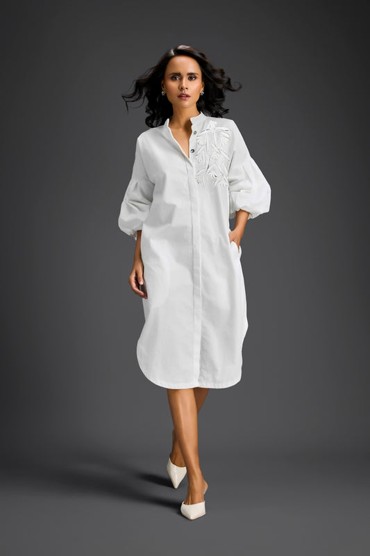 White Puffed Sleeve Shirt Dress with Sheer Back